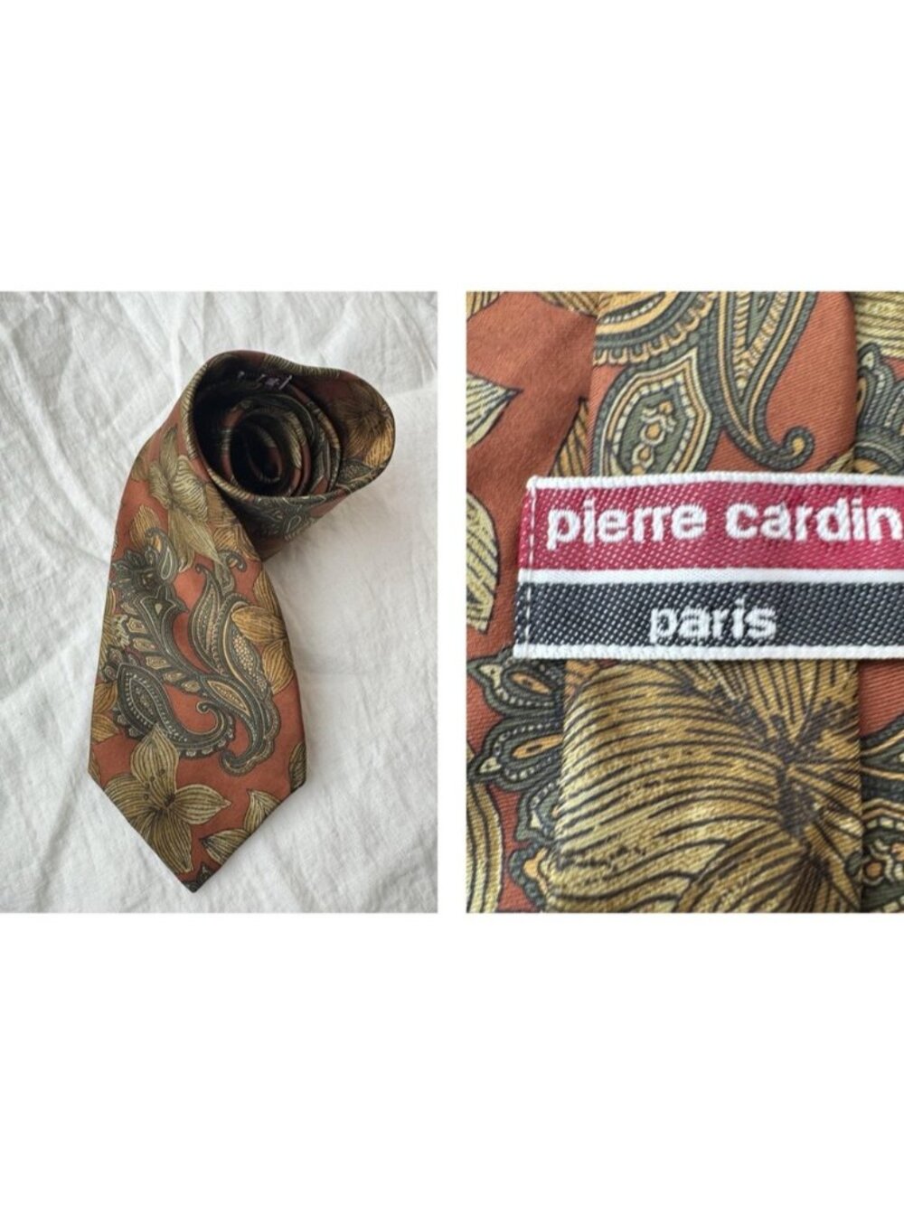Vintage Silk Tie Paisley Floral Brown Bronze Vintage Pierre Cardin Designer Tie
